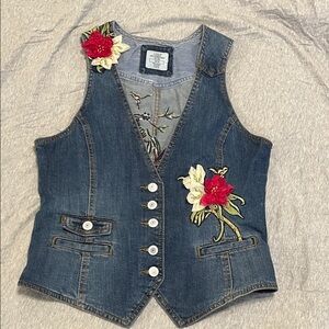Denim Vest with Floral Embroidery